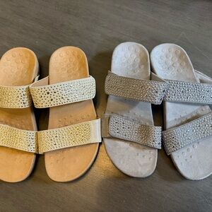 2 pair size 6 women’s Vionic Rhinestone Double-Strap Slide Sandals, gray and tan